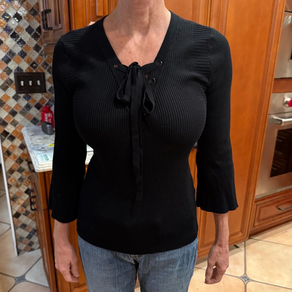 INC International Concepts Black Ribbed Lace-up Top Size Medium